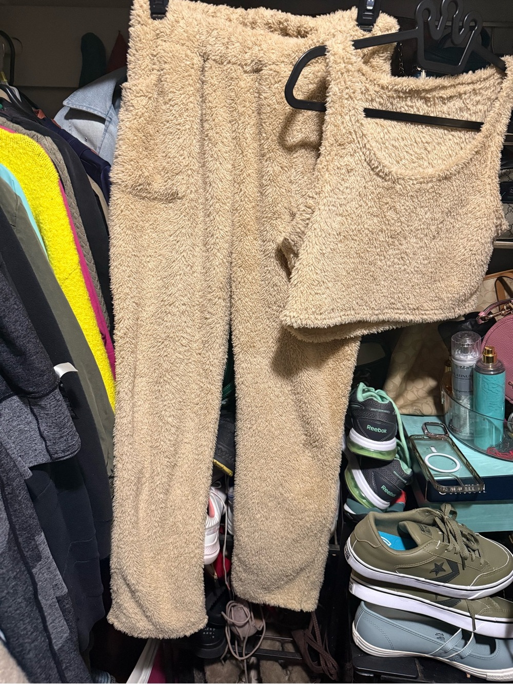 Cozy Teddy Fleece Cropped Tank & Ankle Pants Set - Camel